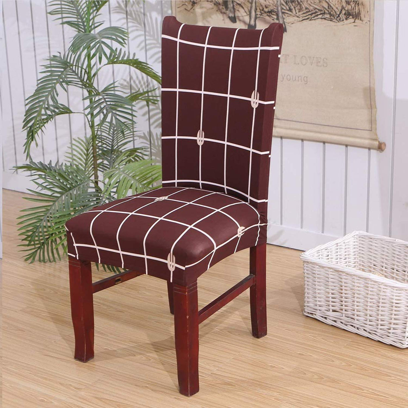 Printed Elastic Chair Cover - Brown Check