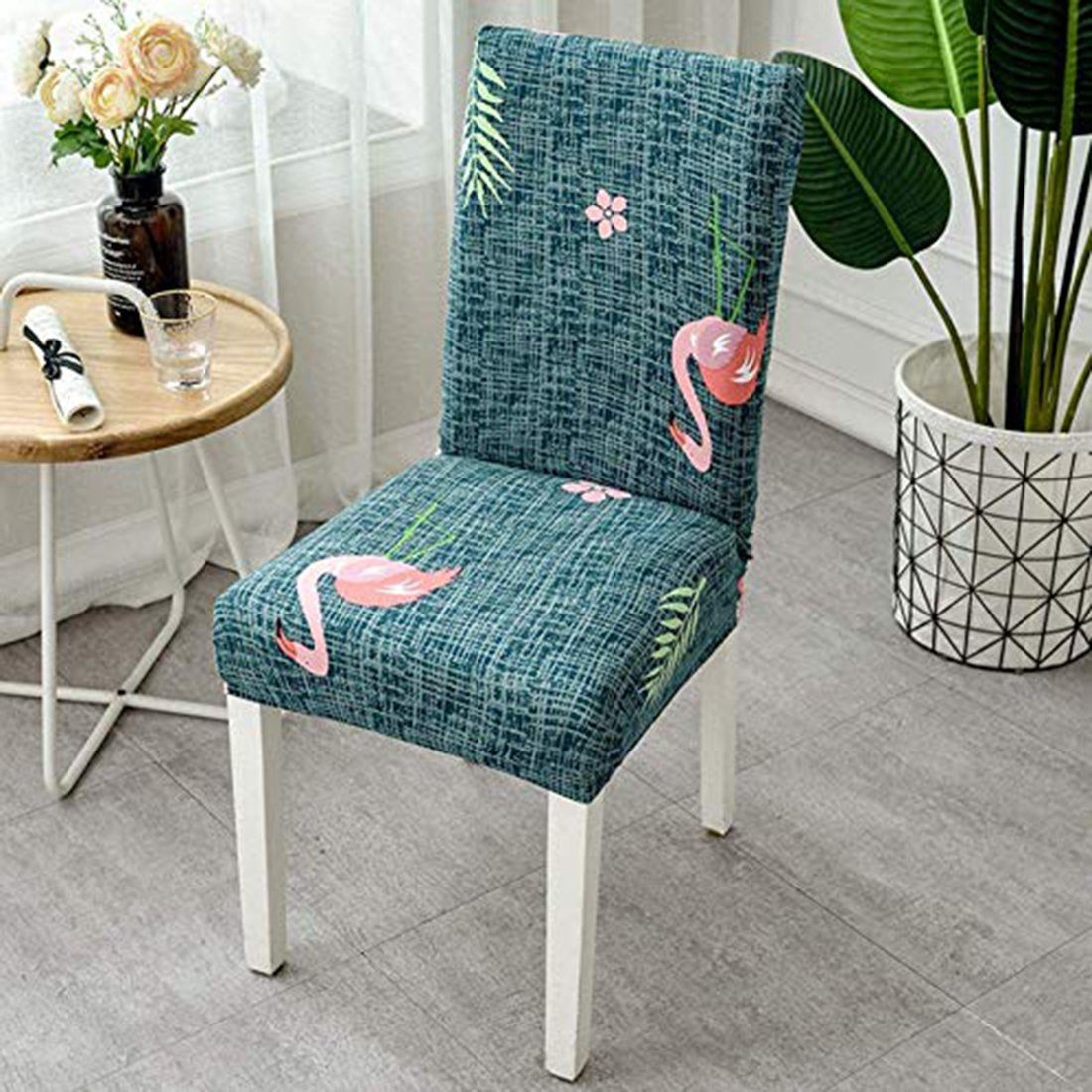 Printed Elastic Chair Cover - Green Flamingo