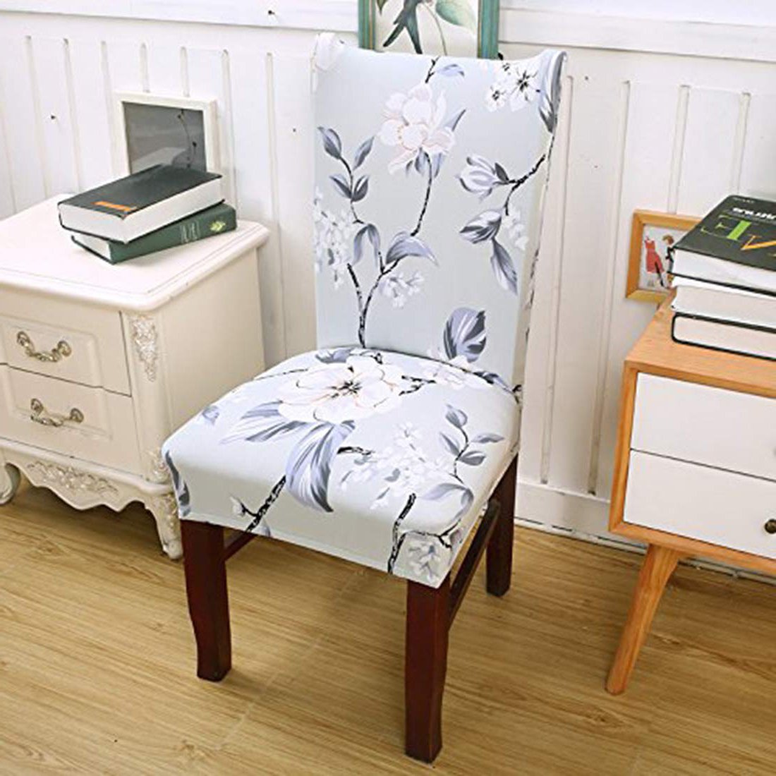 Printed Elastic Chair Cover - Light Blue Flower