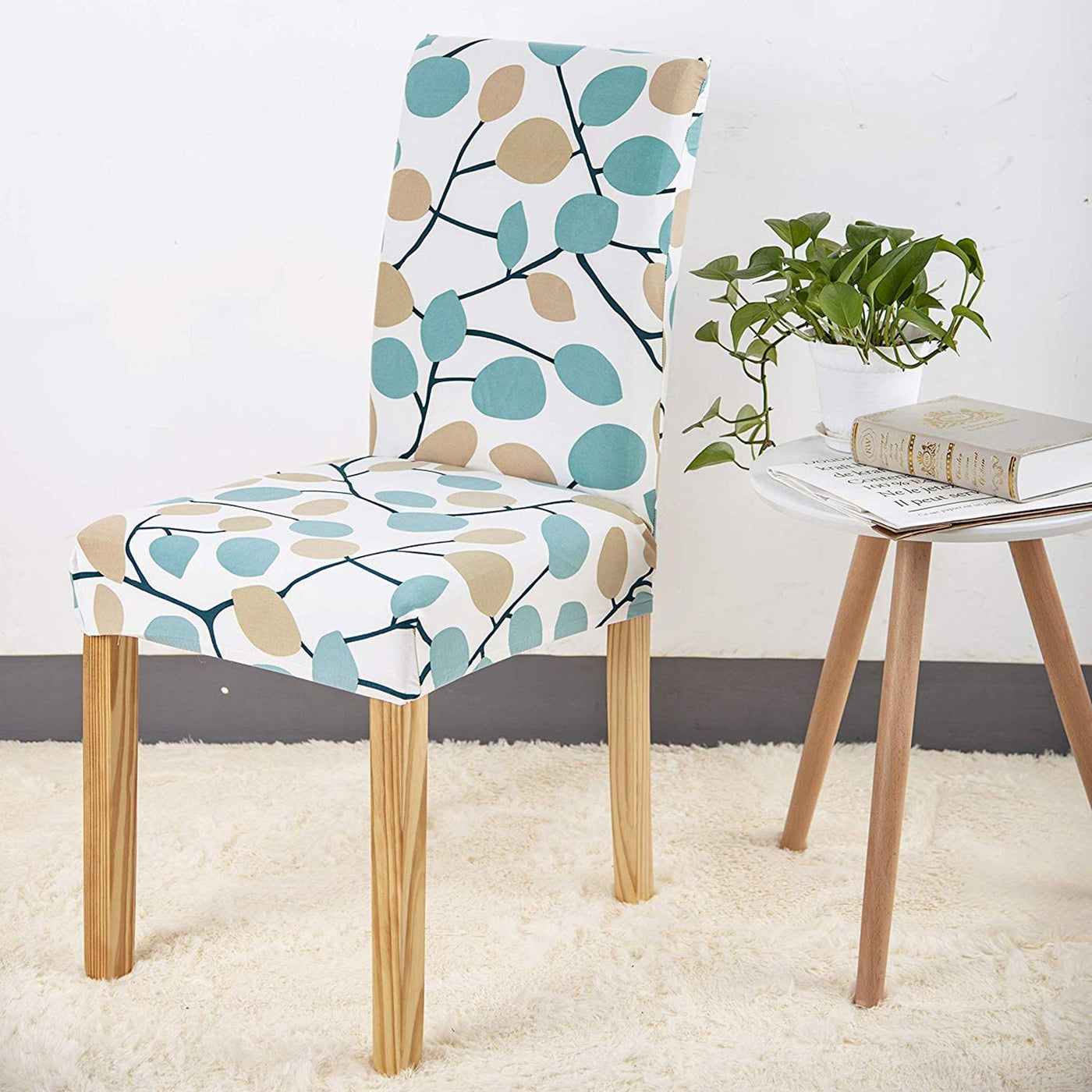 Printed Elastic Chair Cover - White Blue Yellow Leaf