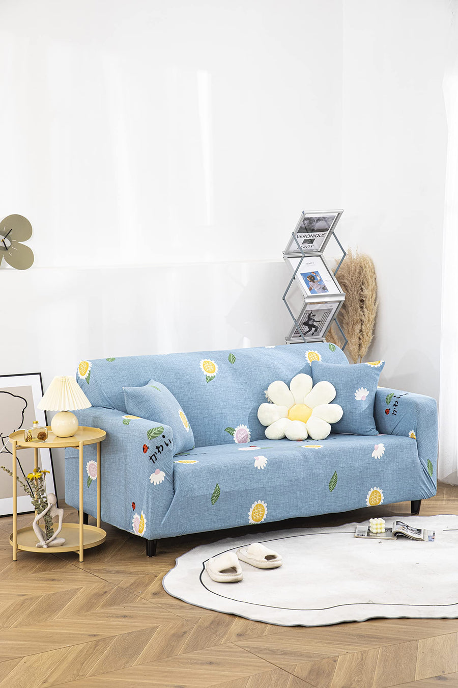 Printed Sofa Cover - Blue Sunflower