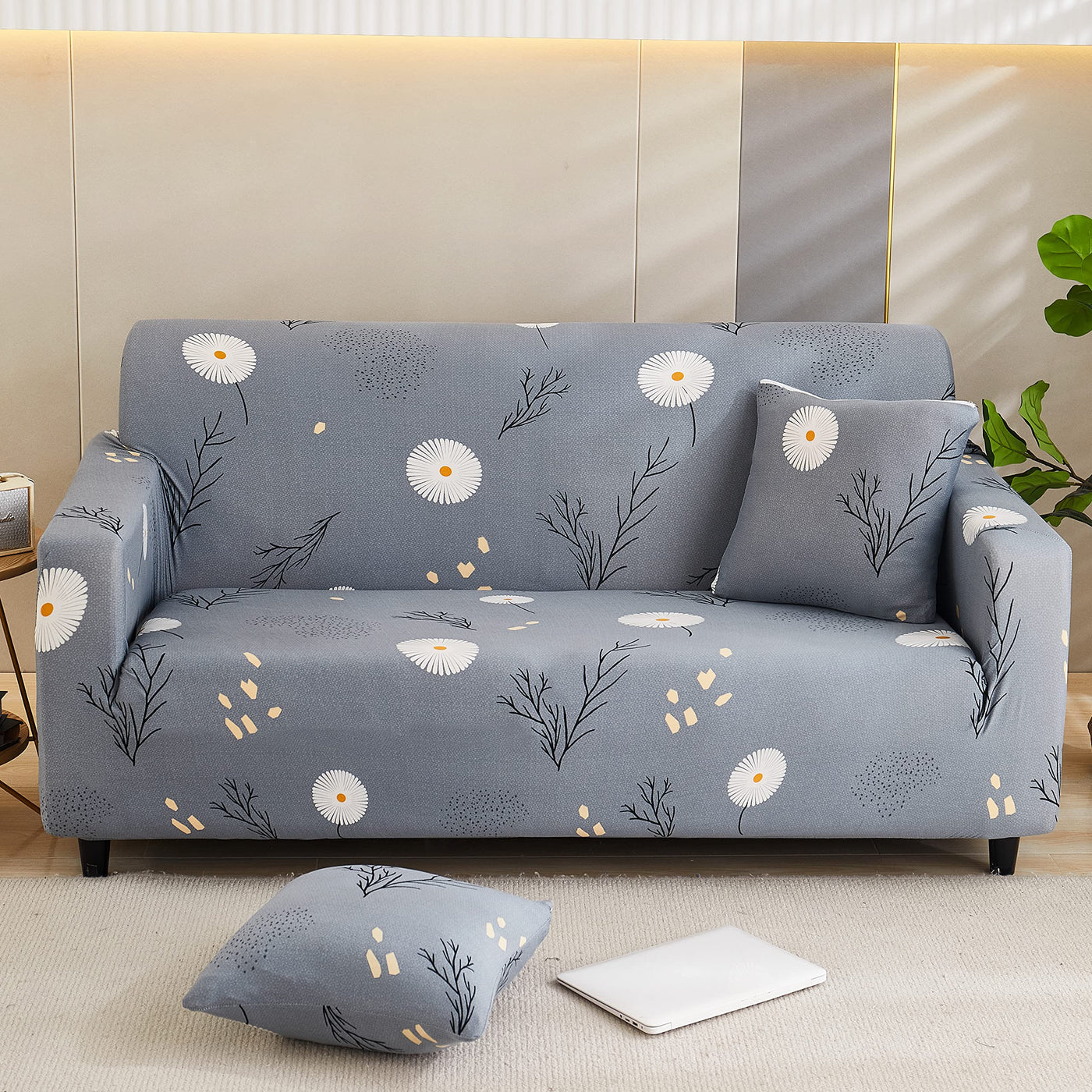 Printed Sofa Cover - Grey Daisy