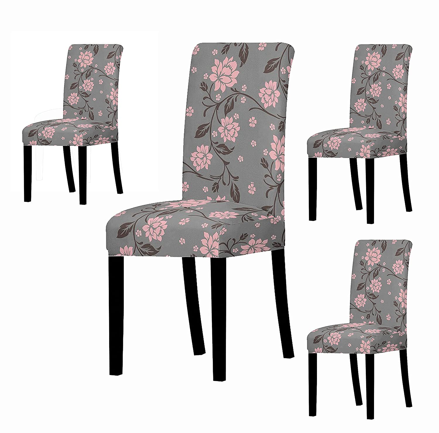 Elastic Chair Cover - Grey/Pink Leaf