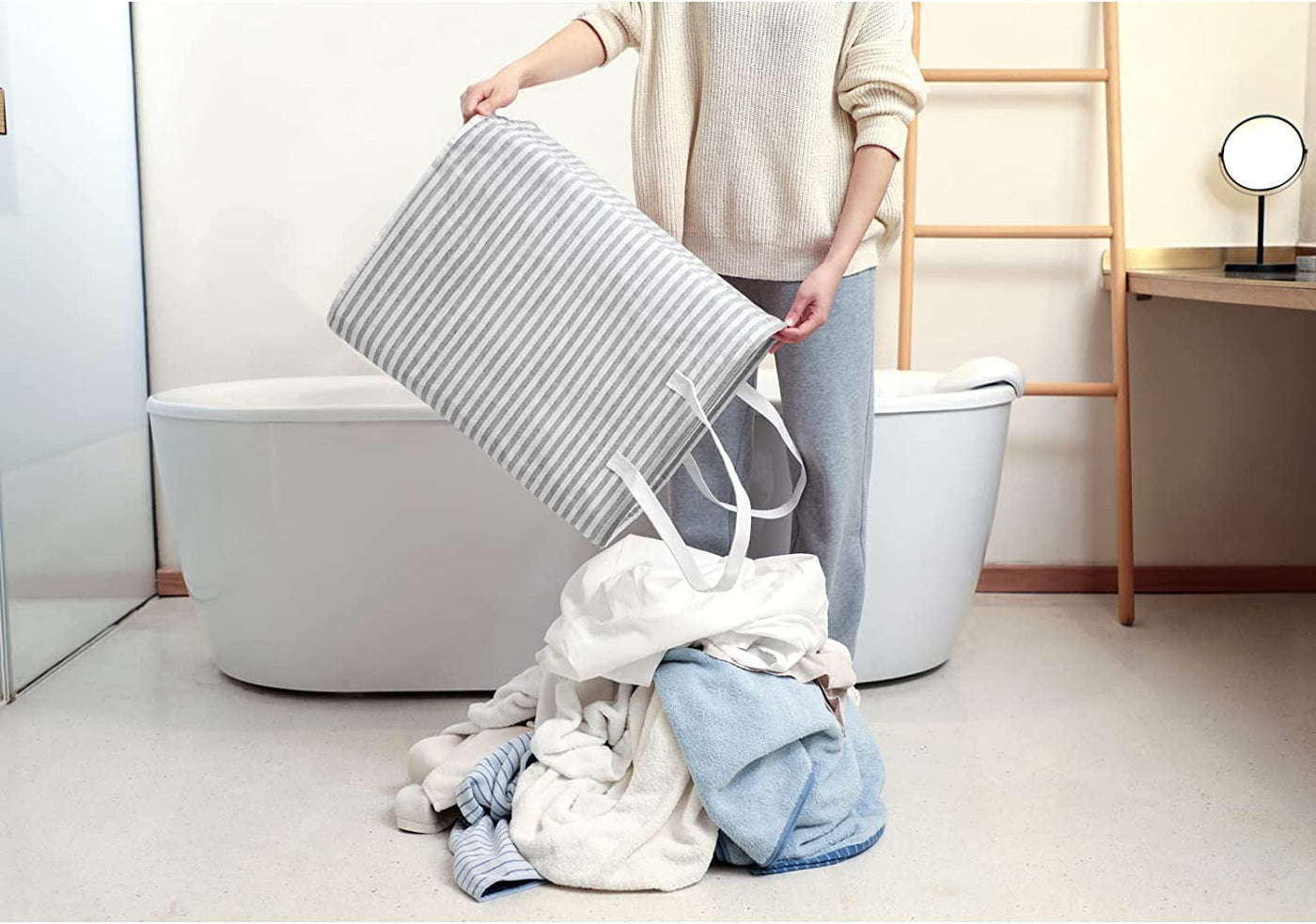 Waterproof Laundry Hamper Collapsible Baskets with Easy Carry Handles - White Grey Stripe