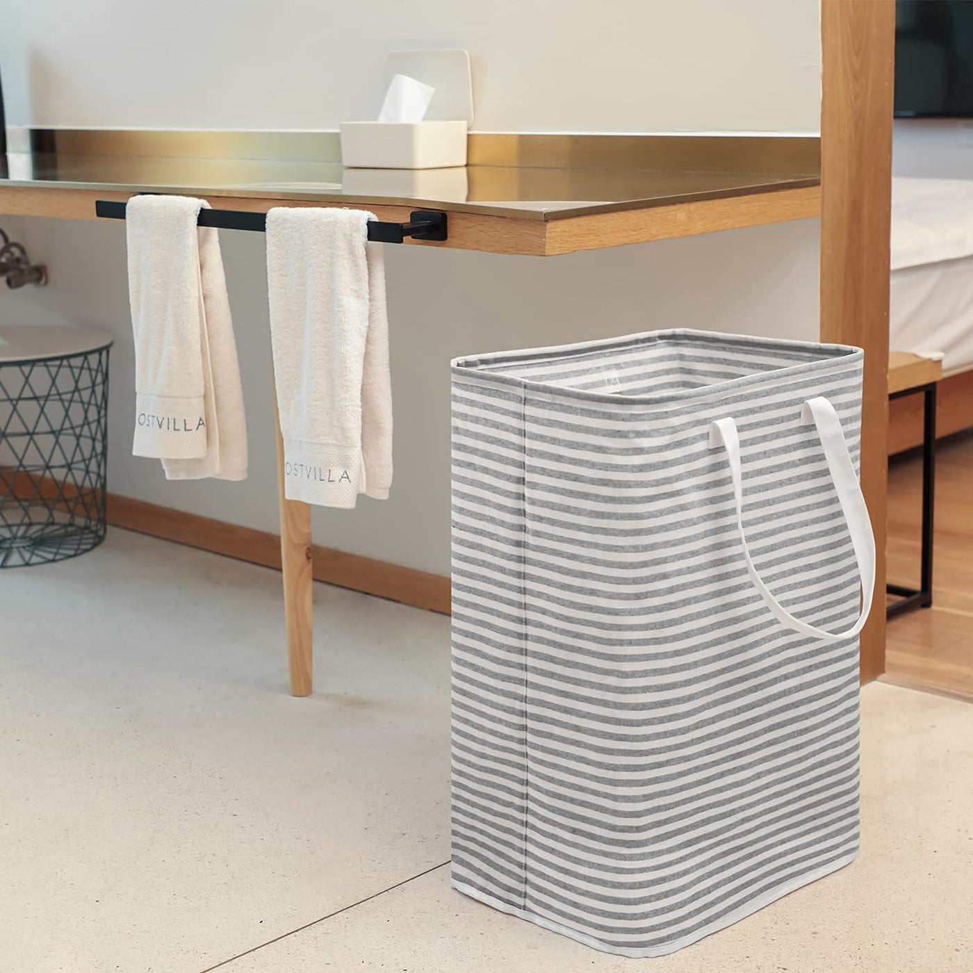 Waterproof Laundry Hamper Collapsible Baskets with Easy Carry Handles - White Grey Stripe