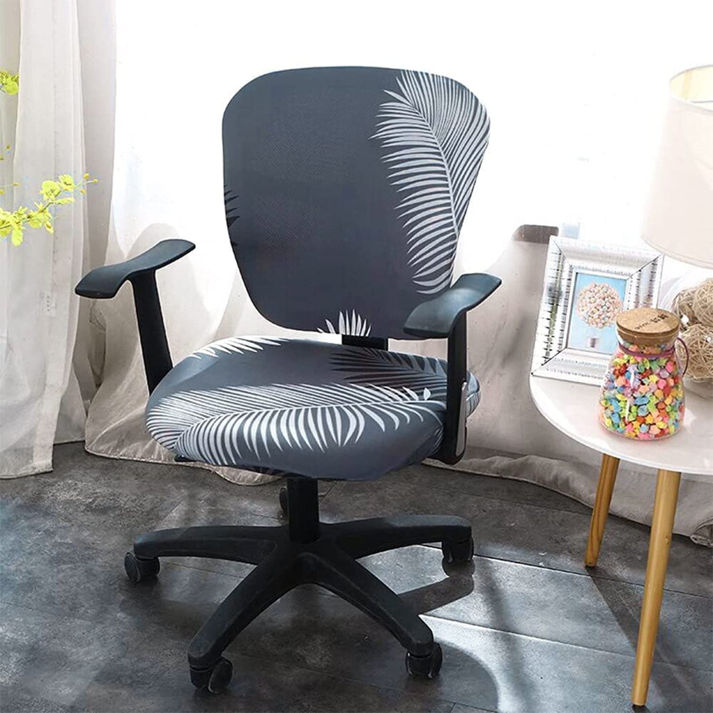 Leaf Printed Office Chair Cover-Grey