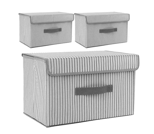 3 Pack Foldable Storage Bin with Lid and Handle - Grey Stripe
