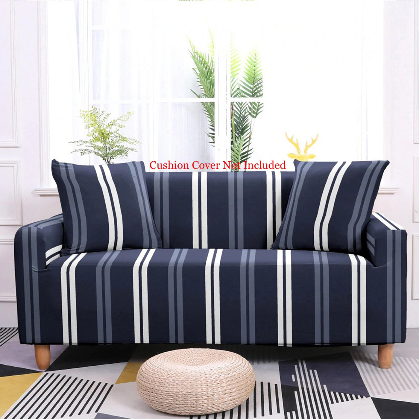 Printed Sofa Slipcover - Stripes White Dark Blue