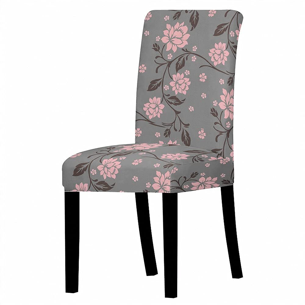 Elastic Chair Cover - Grey/Pink Leaf