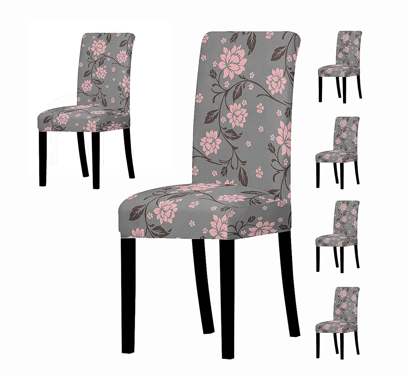 Elastic Chair Cover - Grey/Pink Leaf