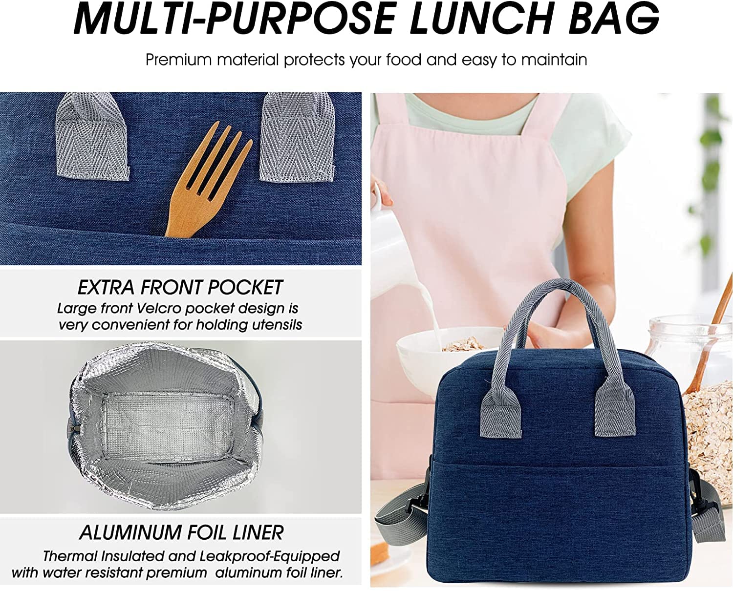Insulated Large Reusable Lunch Bags with Adjustable & Removable Shoulder Strap