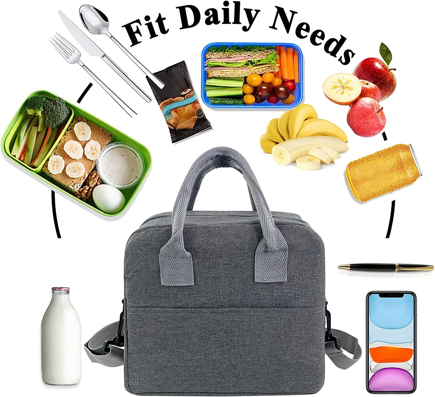 Insulated Large Reusable Lunch Bags with Adjustable & Removable Shoulder Strap