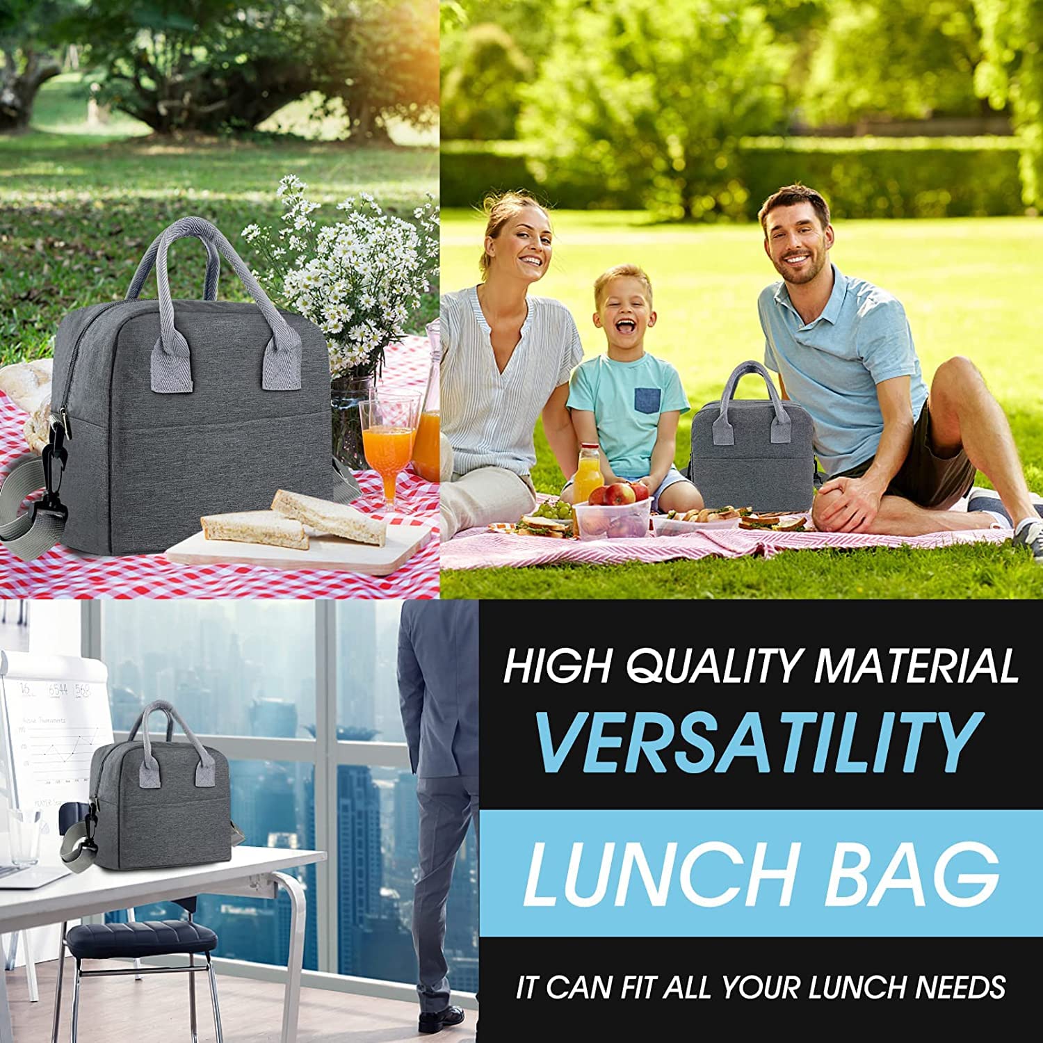 Insulated Large Reusable Lunch Bags with Adjustable & Removable Shoulder Strap