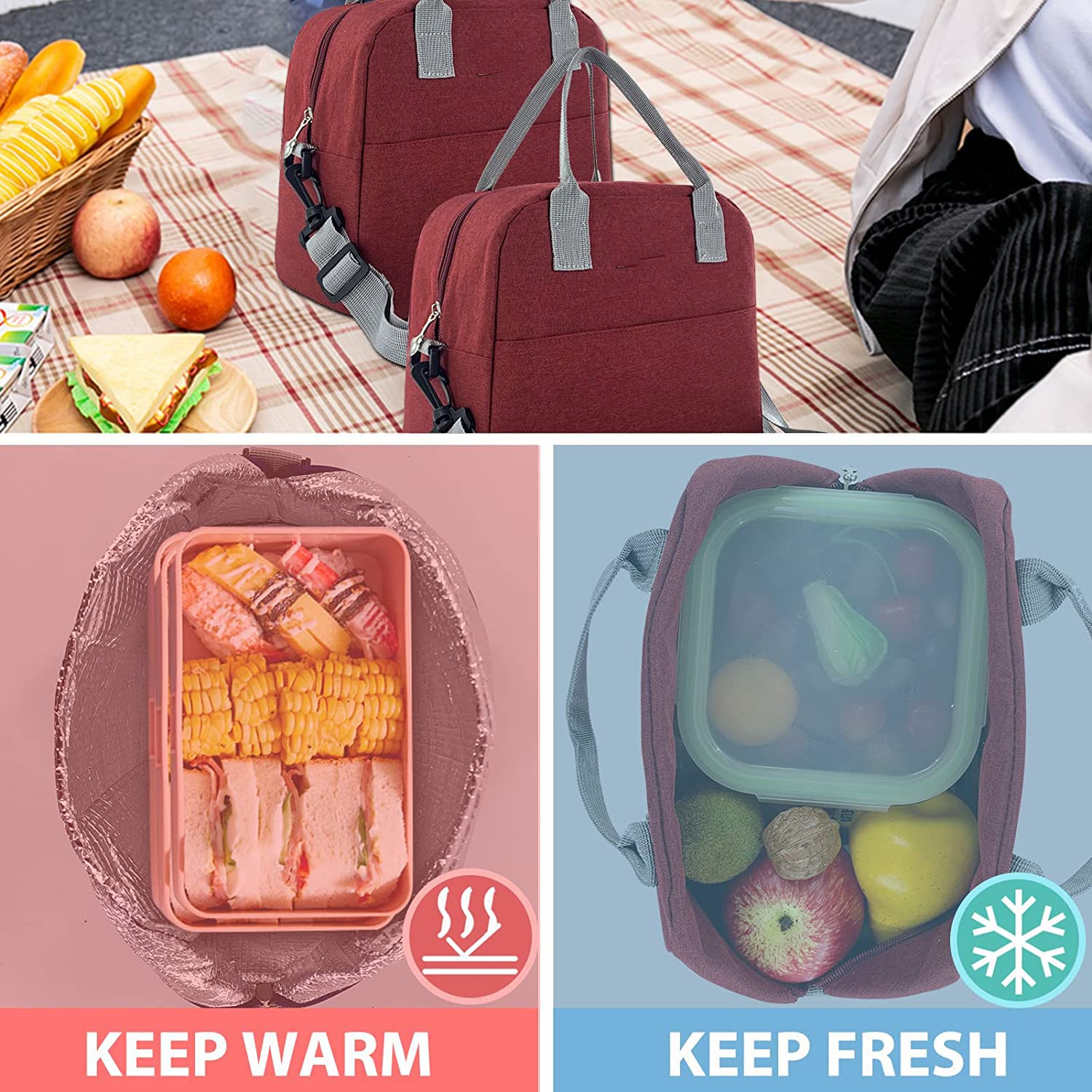 Insulated Large Reusable Lunch Bags with Adjustable & Removable Shoulder Strap