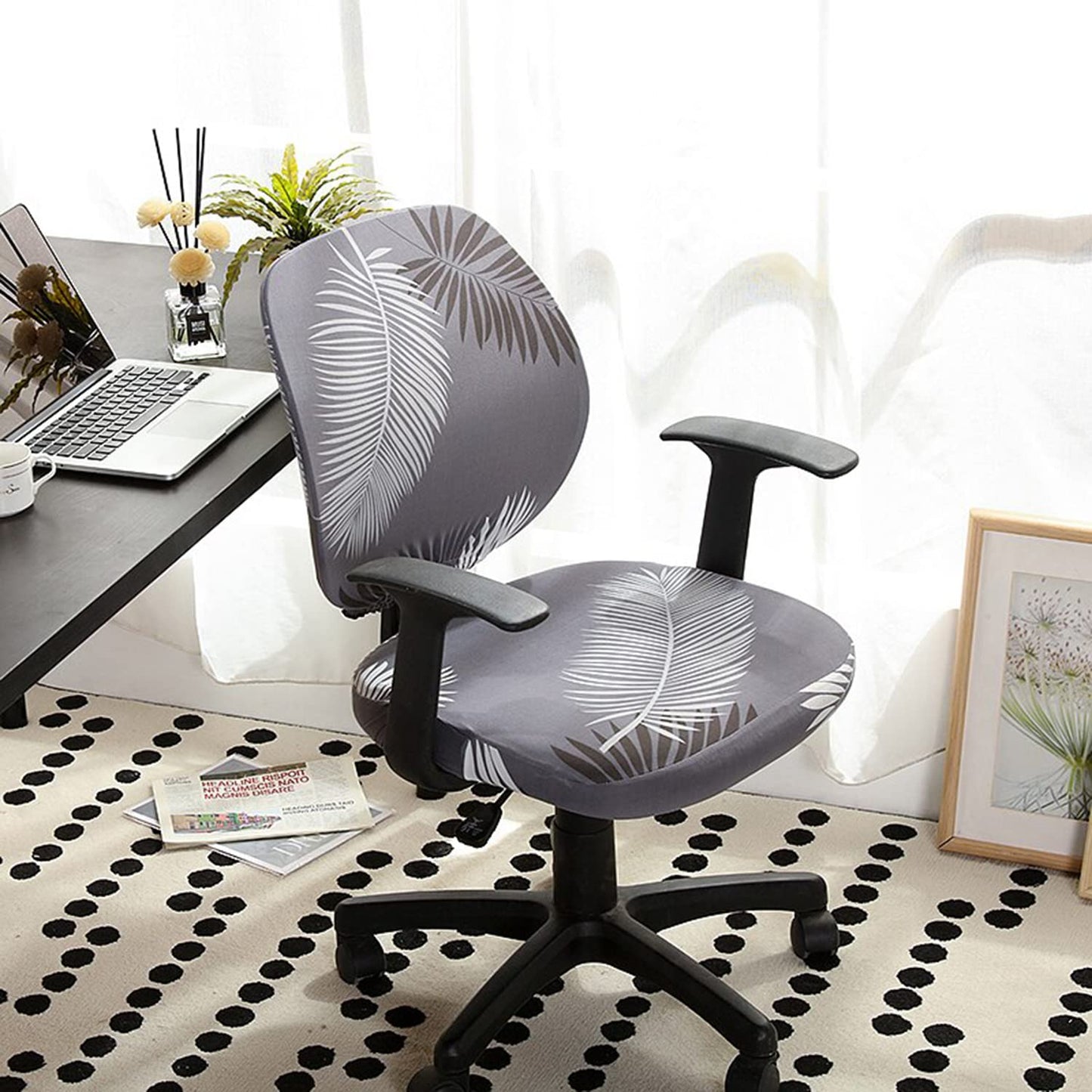 Leaf Printed Office Chair Cover-Grey