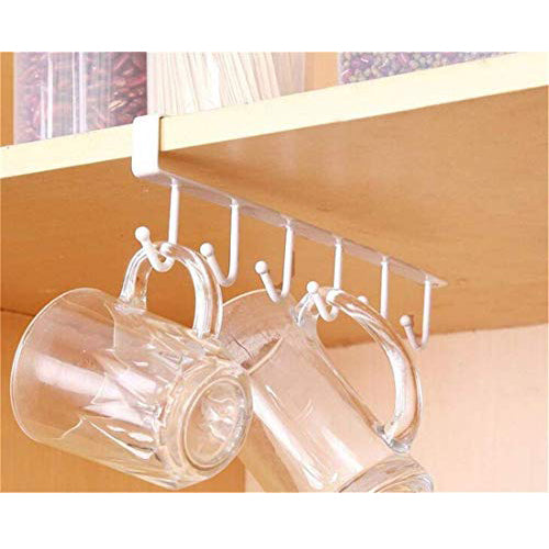 Under Shelf Cup Holder 6 Hooks Kitchen Utensil Rack White