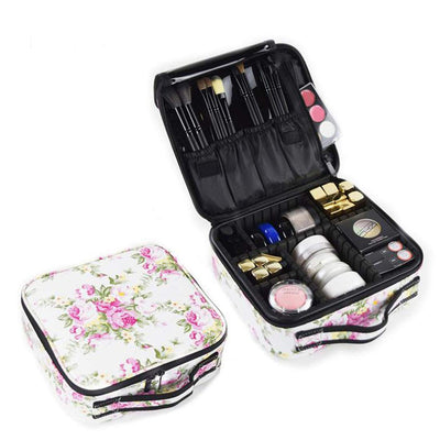 Cosmetic Storage Case with Adjustable Compartment (White Flower)